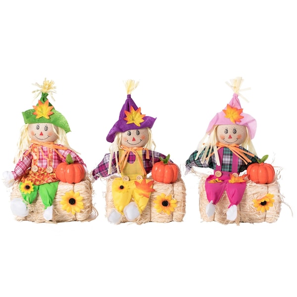 Gardenised Outdoor Fall Decor Halloween Scarecrow for Garden Ornament Sitting on Hay Bale, Straw Multicolor QI004088 - main